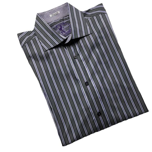 Bugatchi Uomo Mens Striped Long Sleeve Button Up Black Purple Shirt-L - Picture 1 of 12